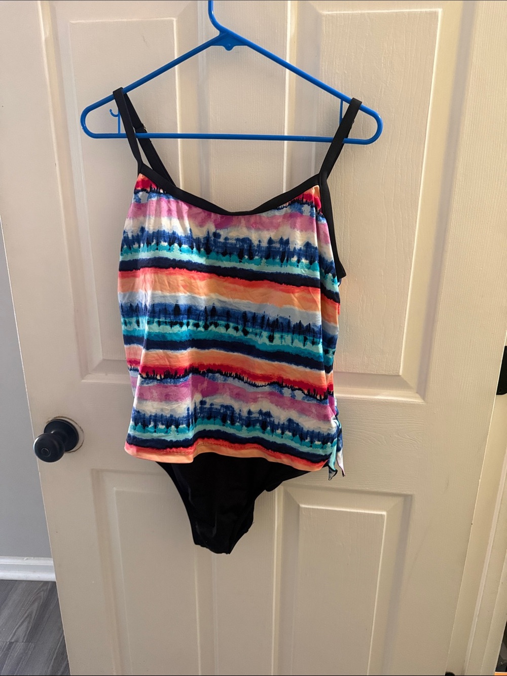 Multicolor Striped Tankini One-Piece with Black Bottom